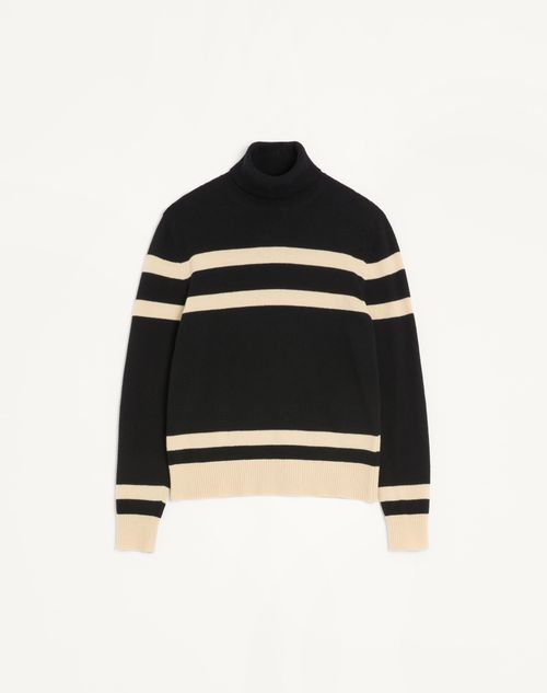 Valentino - Vロゴエンブロイダリー ウール ハイネック ニットプル - ブラック/バター - メンズ - ニット